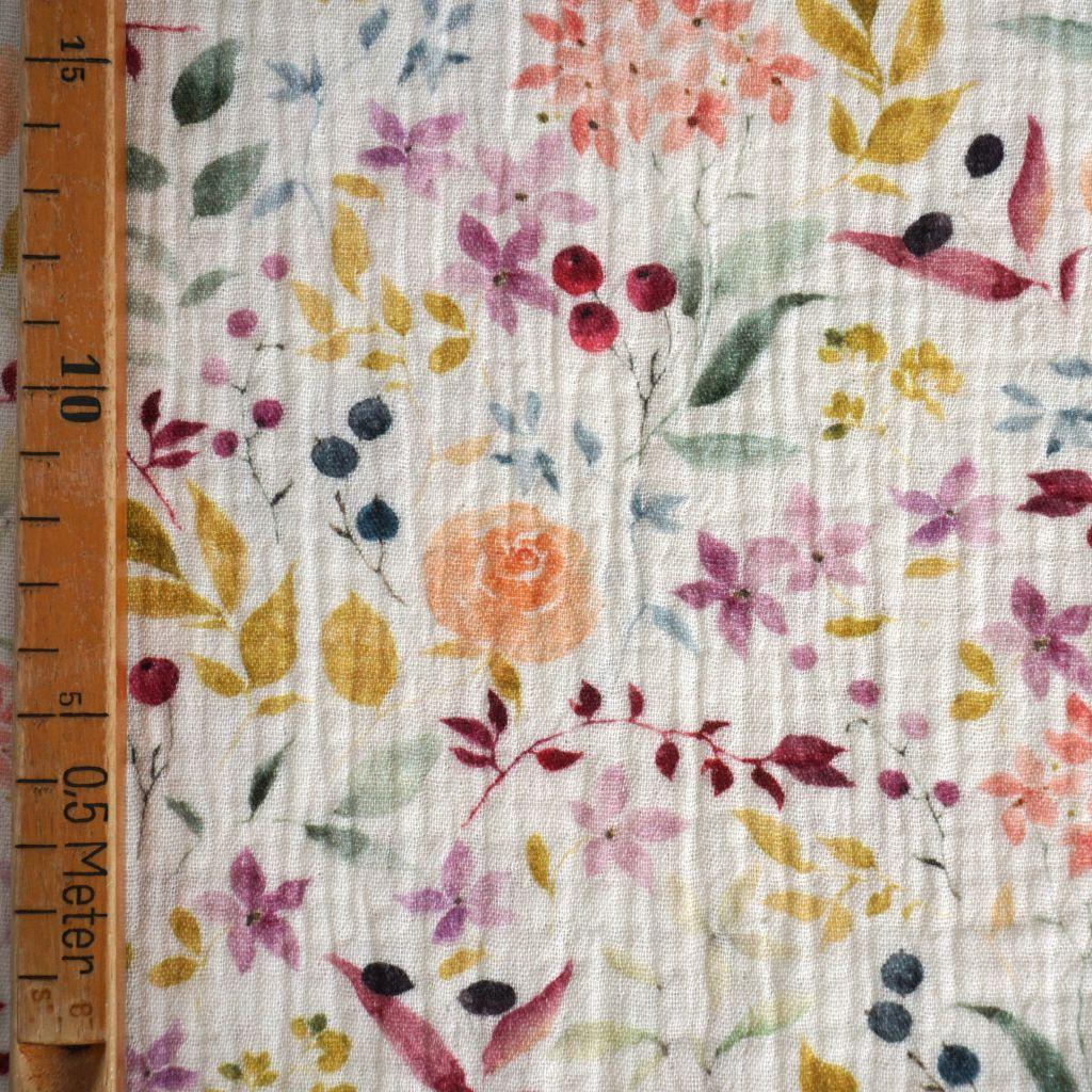 Musselin Double Gauze Blüten Blätter pastell auf ecru